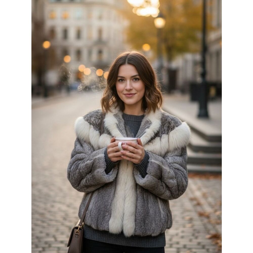 Vintage gray 100% rabbit fur jacket